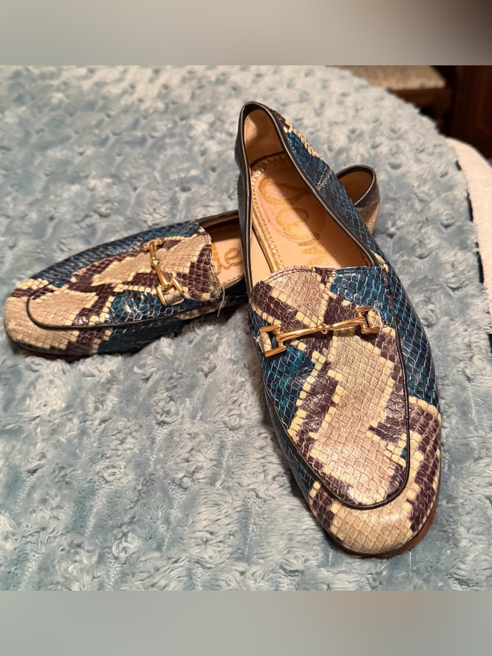 Sam Edelman Blue Cream Snakeskin Loafers with Gold Hardware